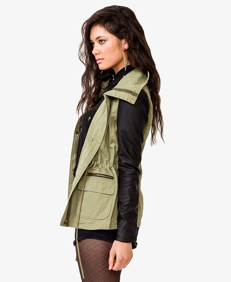 Lyst Forever 21 Faux Leather Sleeve Anorak In Green Gallery
