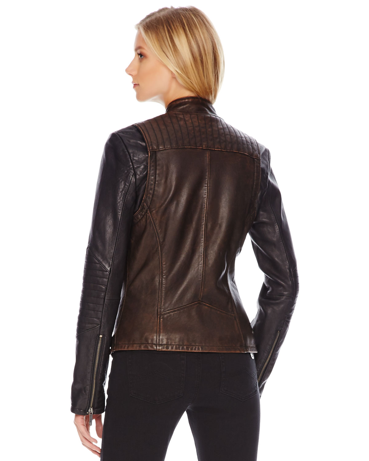 Michael kors Colorblock Leather Jacket in Brown | Lyst