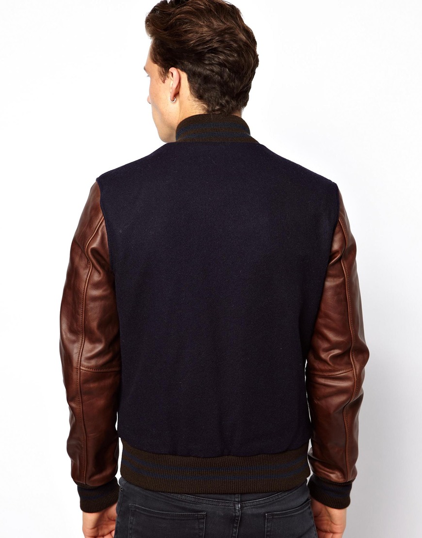 Asos Schott Varsity Jacket with Leather Sleeves in Blue for Men Lyst