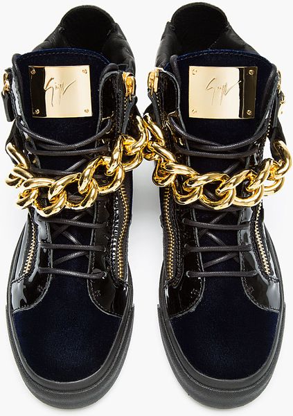 Giuseppe Zanotti Navy Velvet Gold Chain High_top Sneakers in Blue for ...