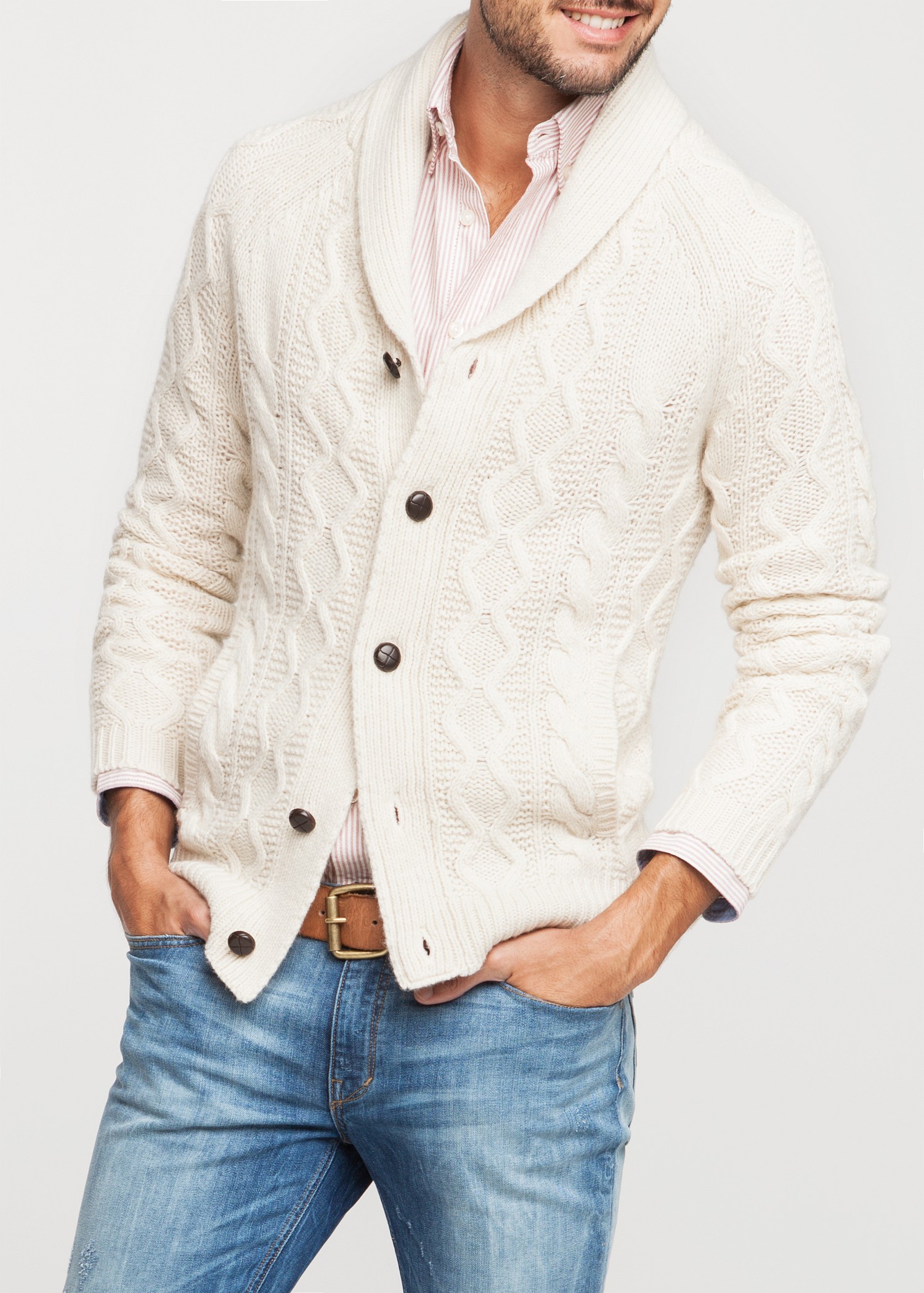 Mango Shawl Collar Cableknit Cardigan in White for Men | Lyst