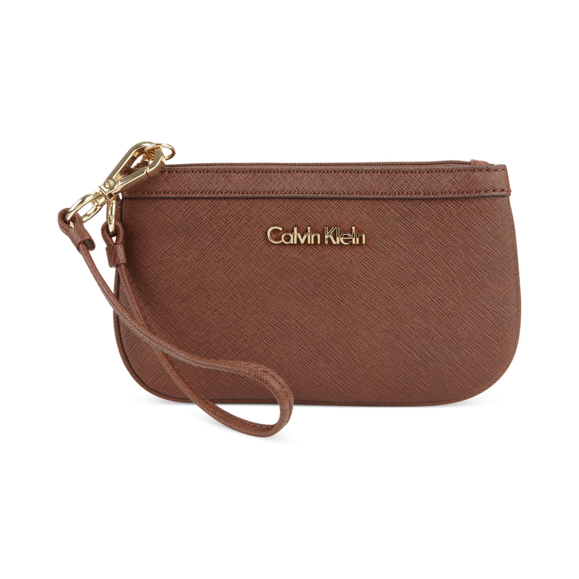 Calvin Klein Saffiano Leather Wristlet in Brown (Whiskey) | Lyst