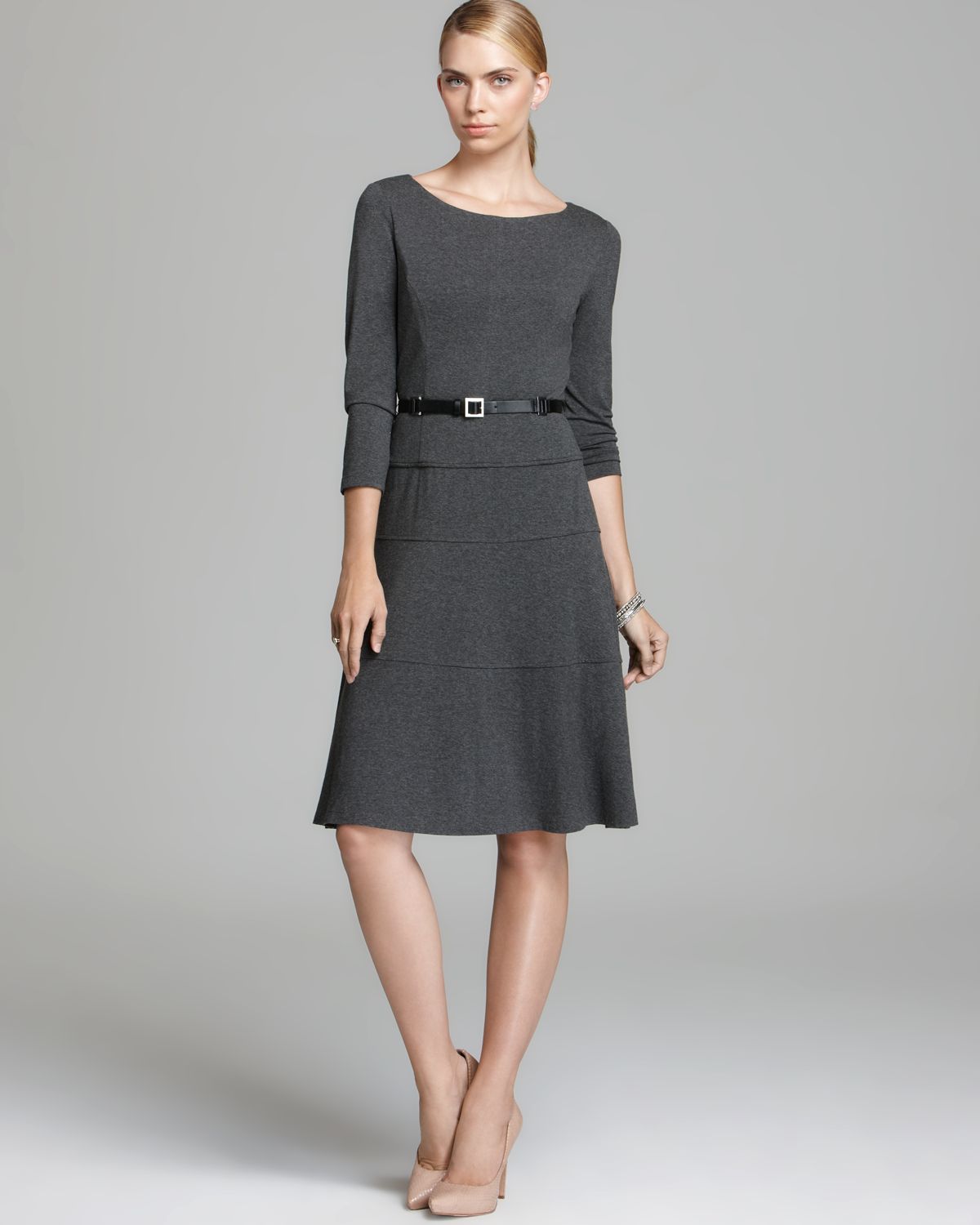 Lyst - Anne Klein Belted Swing Dress Three Quarter Sleeve in Gray