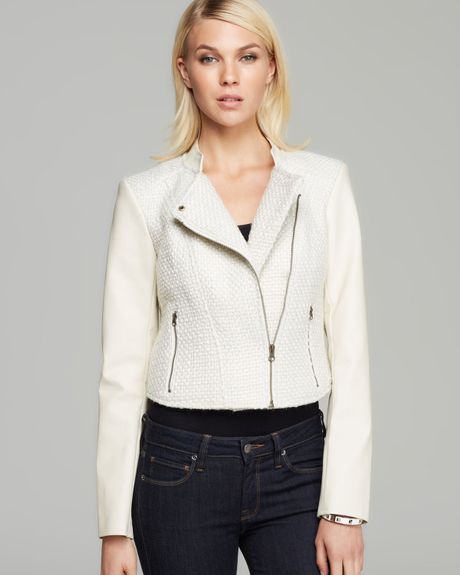 Guess Jacket Boucle and Faux Leather Moto in White (Milk) | Lyst