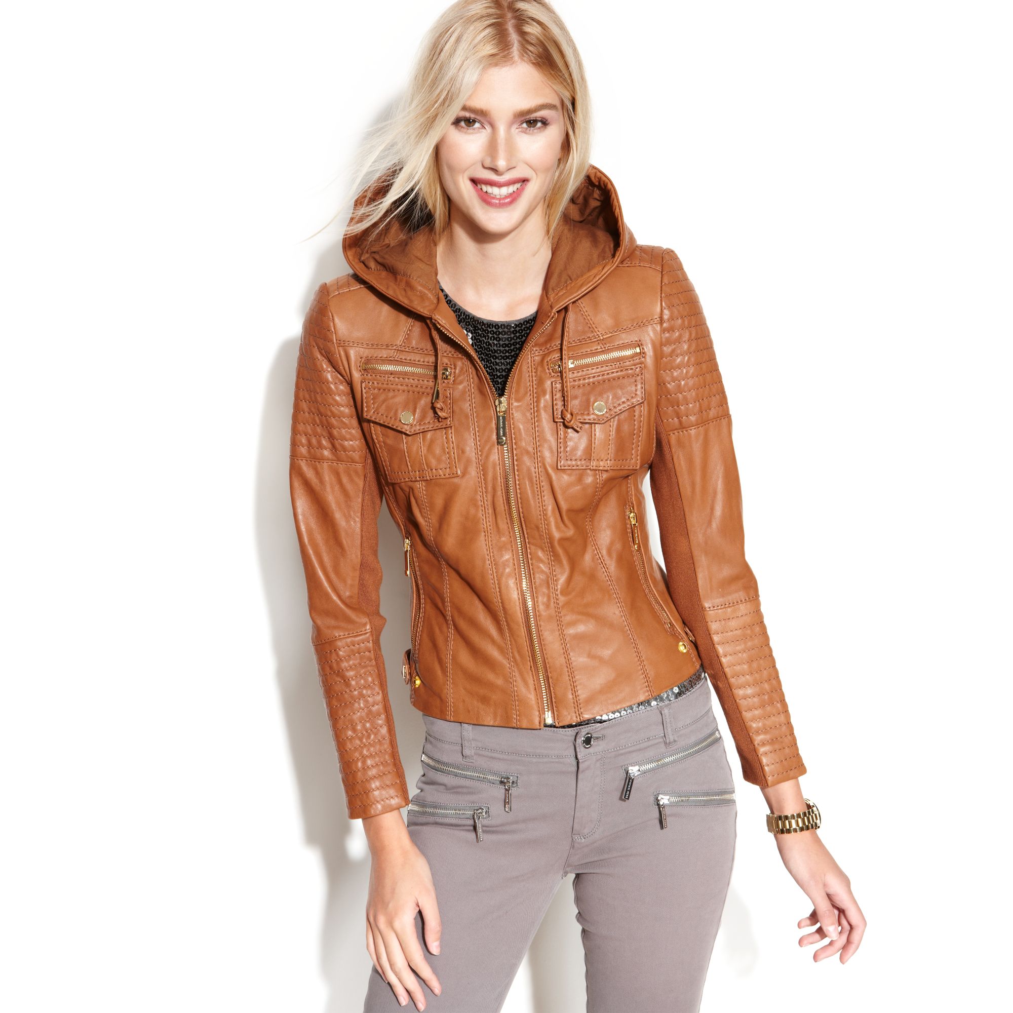 Michael Kors Hooded Leather Jacket Brown Cairoamani Com Lyst Michael Kors Hooded Leather In Brown