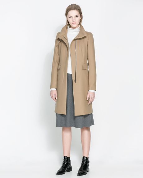 Zara Coat with Buckle Collar in Brown (Camel) | Lyst