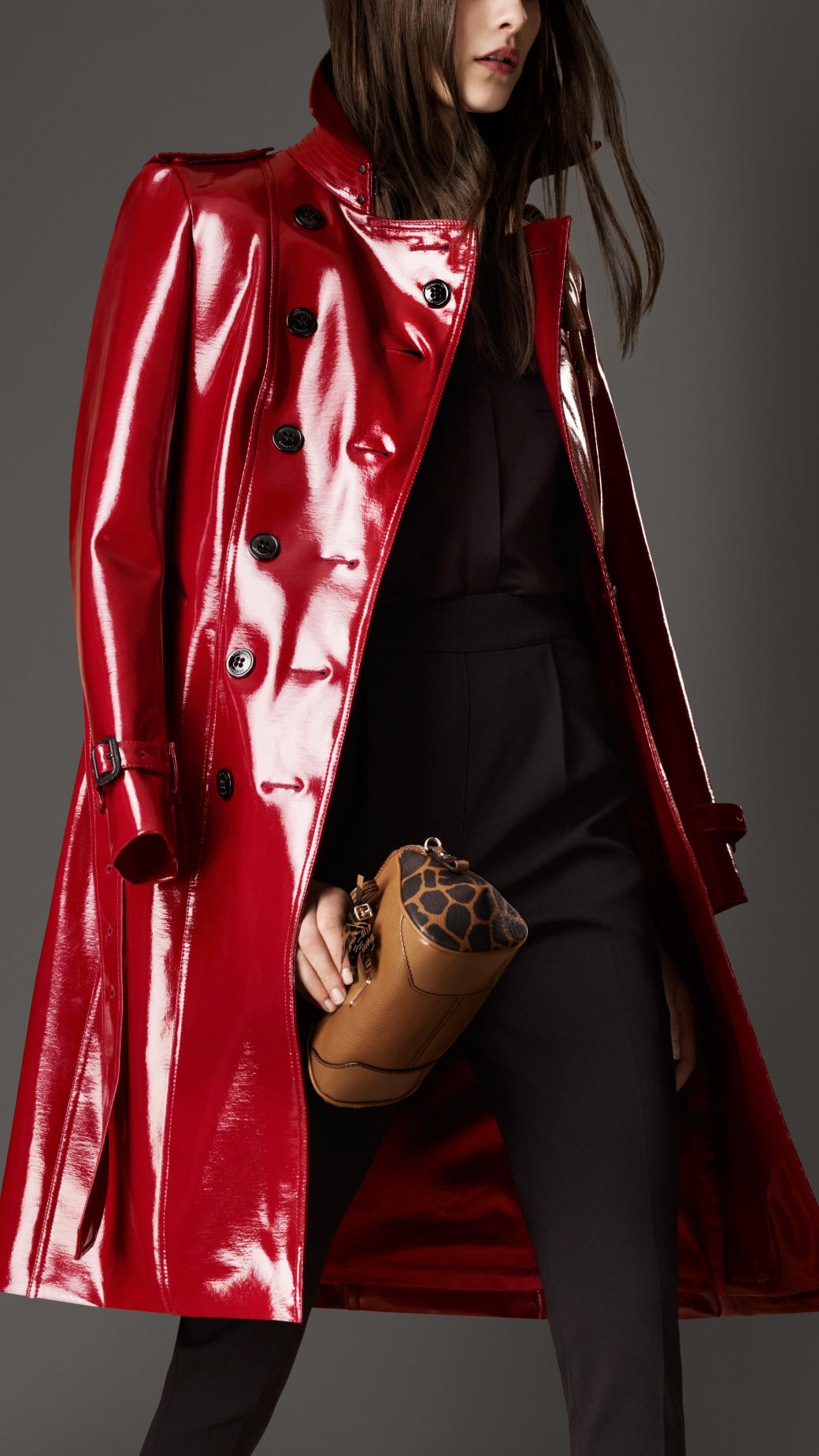shiny red trench coat