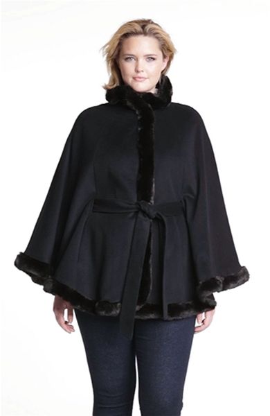 Ellen Tracy Faux Fur Trim Belted Cape in Black | Lyst