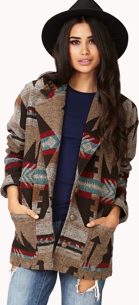 Forever 21 Worldly Tribal Print Trench Coat in Beige (Taupe/brown) | Lyst