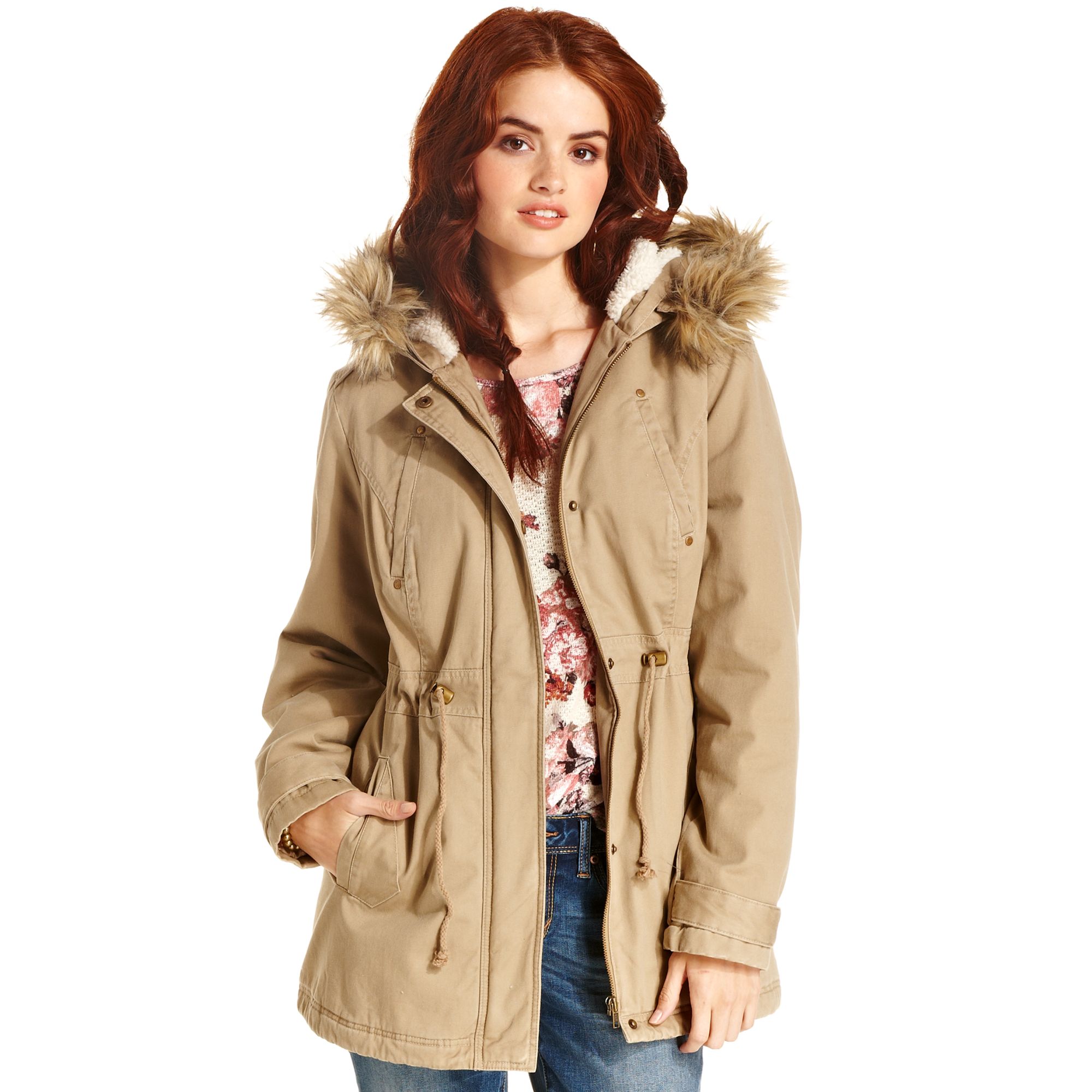 American Rag Faux Fur Trim Hooded Twill Parka In Natural Lyst Gallery