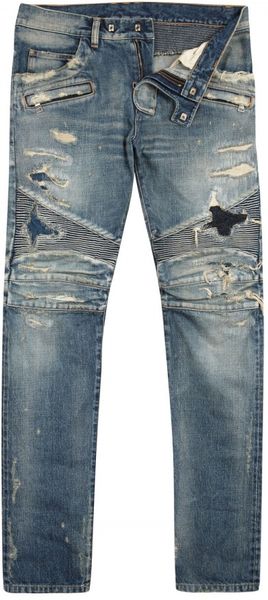 Balmain Mid Rise Distressed Straight Leg Jeans in Blue for Men | Lyst