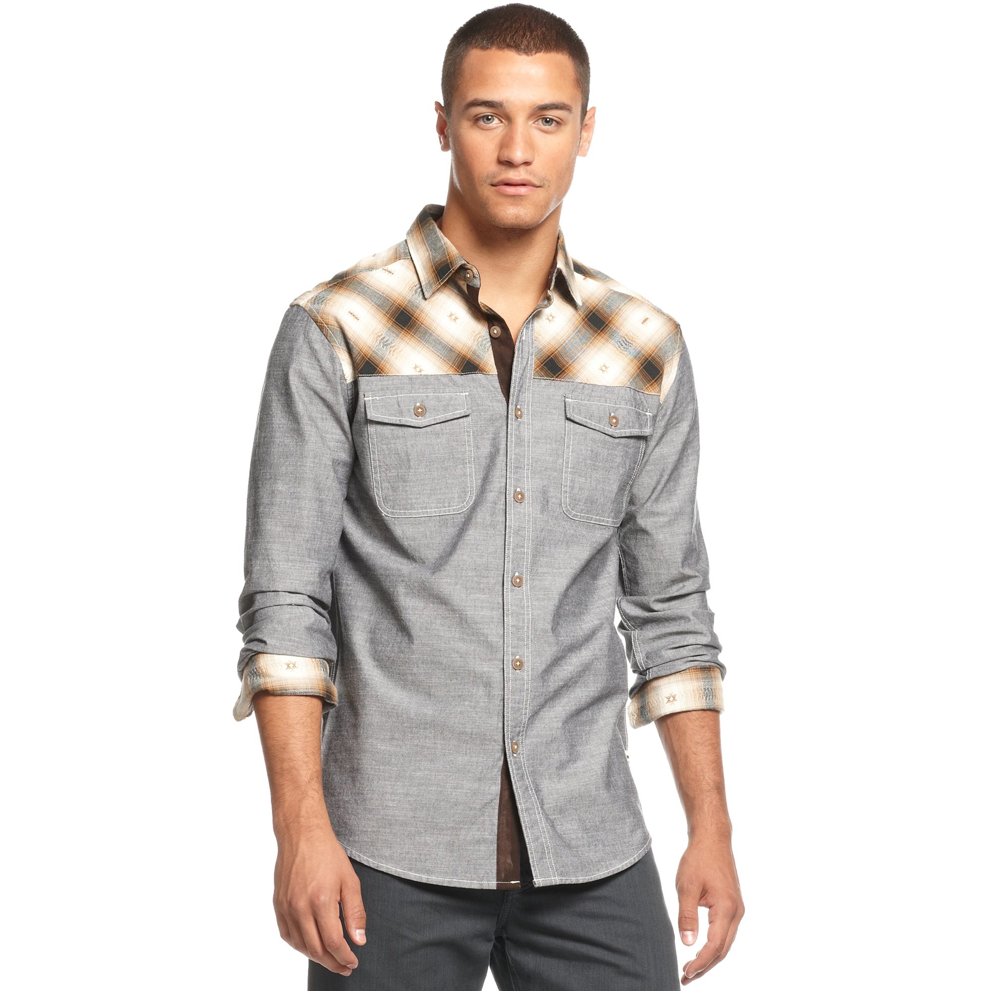 Lyst - Sean john Chambray Shirt with Jacquard Check Shirt in Gray for Men