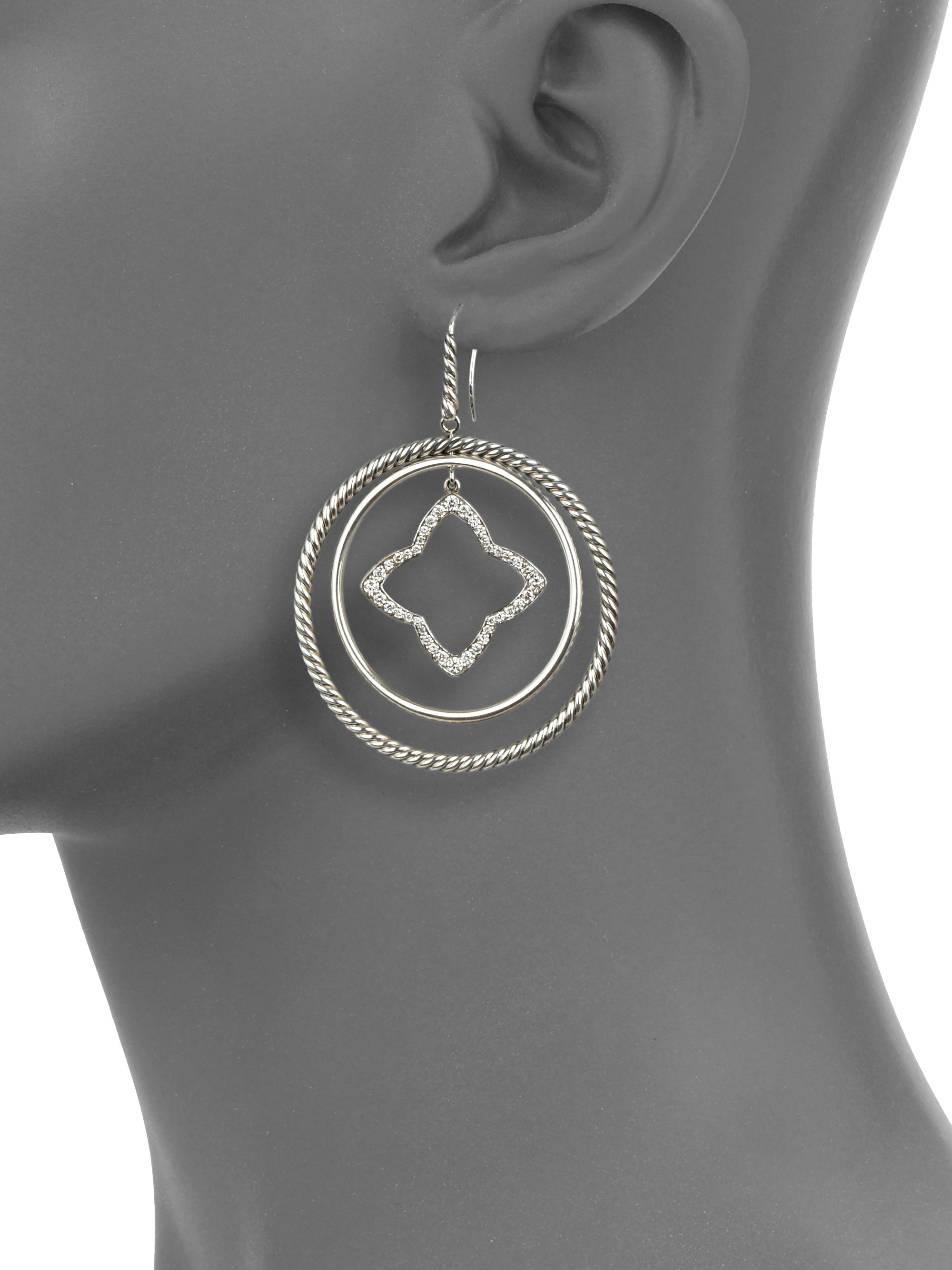 David Yurman Diamond Sterling Silver Quatrefoil Drop Hoop Earrings Gallery