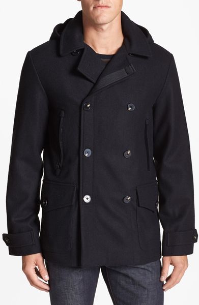 French Connection Marine Melton Hooded Peacoat in Black for Men | Lyst