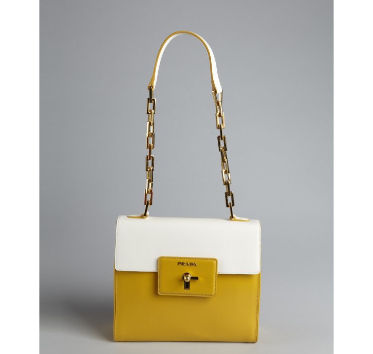 Prada Golden rod and White Crosshatched Leather Chain Strap Turn ...  