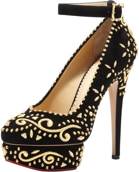 Charlotte Olympia Abigail Embroidered Platform Pump in Gold (BLACK) | Lyst