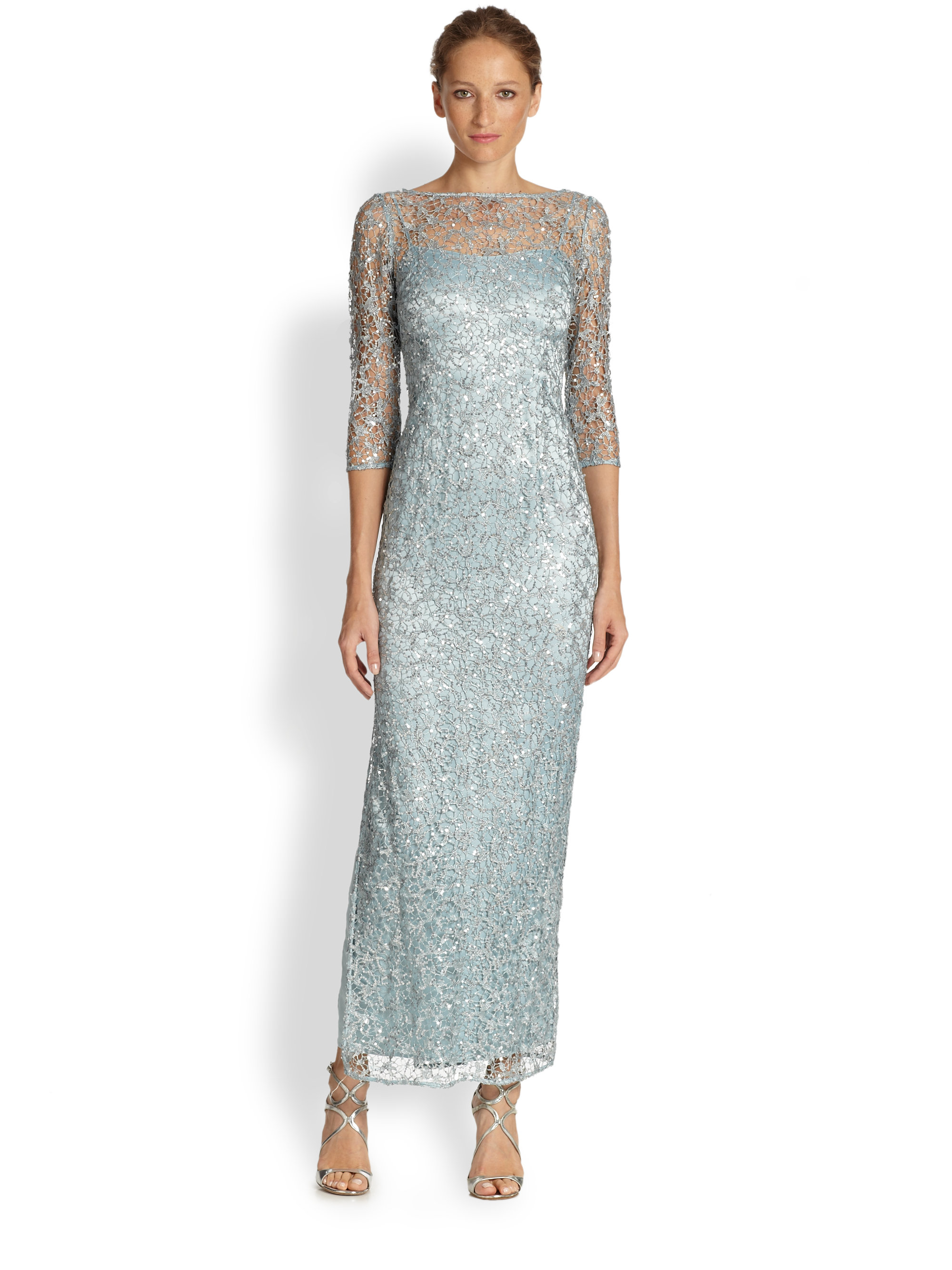 Lyst - Kay Unger Sequined Lace Illusion Gown in Blue