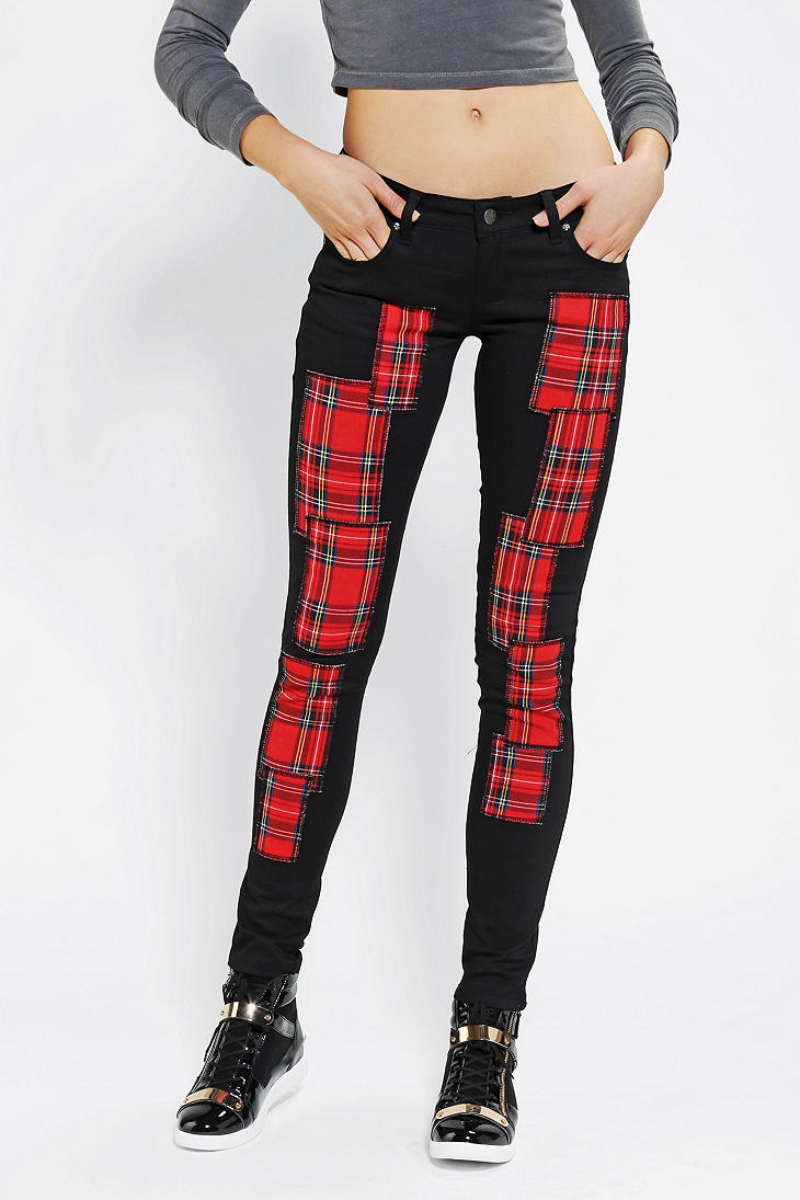 Urban outfitters Tripp Nyc Plaid Patch Skinny Jean in Black | Lyst