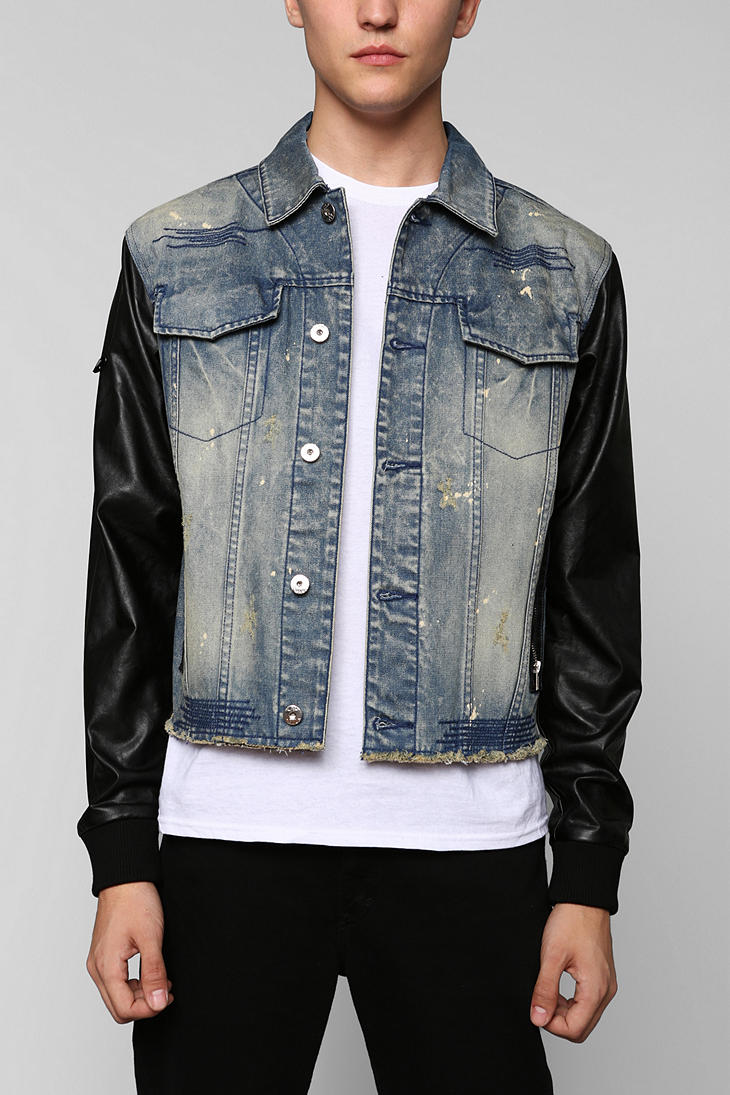 Lyst Black Apple Faux Leather Sleeve Broadway Denim Jacket In Blue Lyst Black Apple Faux Leather Sleeve Broadway Denim Jacket In Blue For Men
