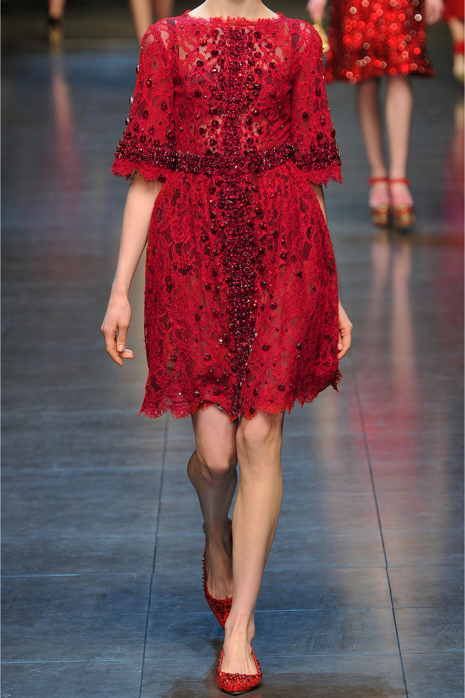 Lyst Dolce Gabbana Crystal Embellished Lace Dress In Red Gallery