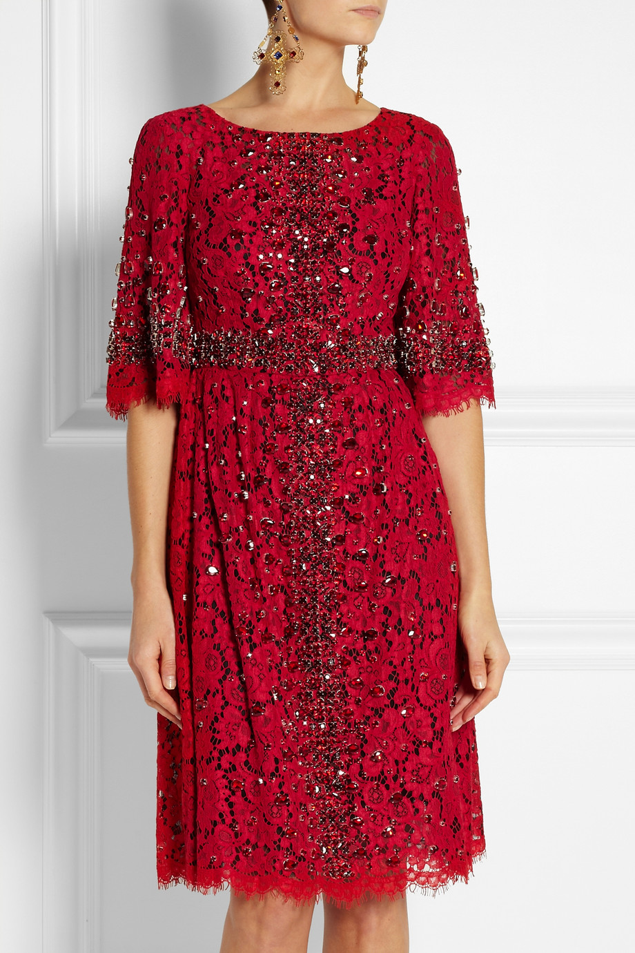 Dolce & Gabbana Crystal Embellished Lace Dress in Red Lyst