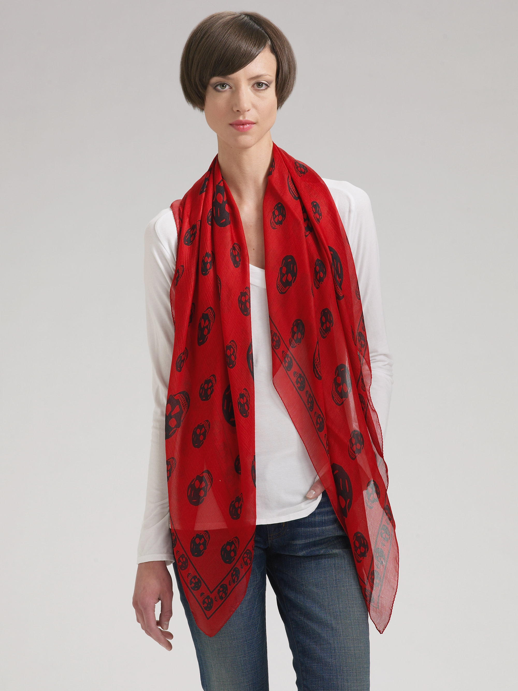 Lyst - Alexander Mcqueen Classic Skull Silk Chiffon Scarf in Red