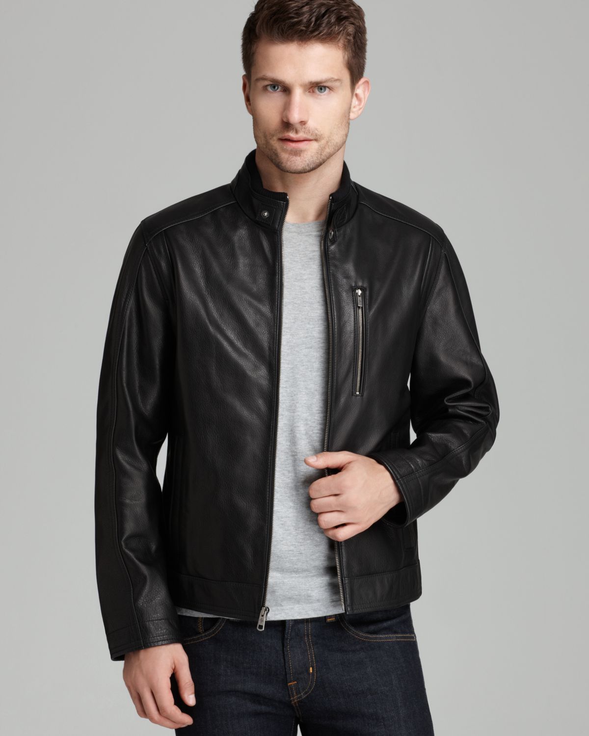 Cole Haan Pebbled Leather Moto Jacket In Black For Men Lyst Gallery