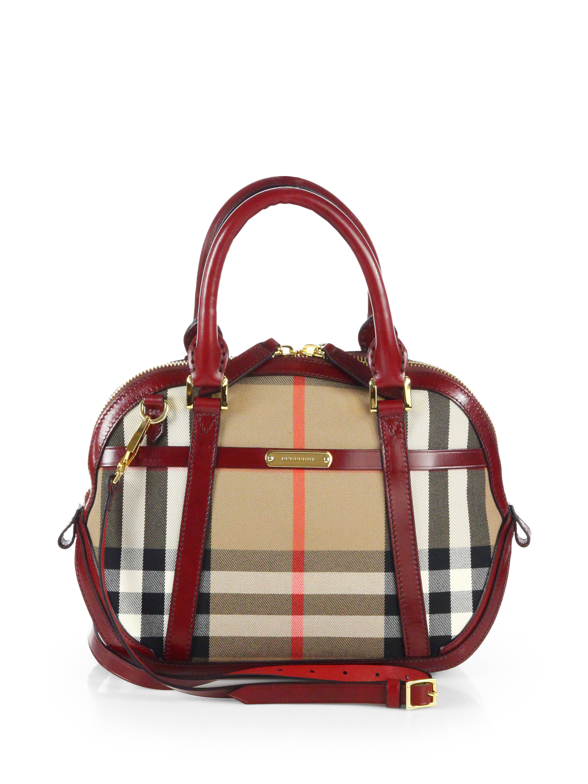 Lyst Burberry Orchard Small Checkprint Bowling Bag in Red