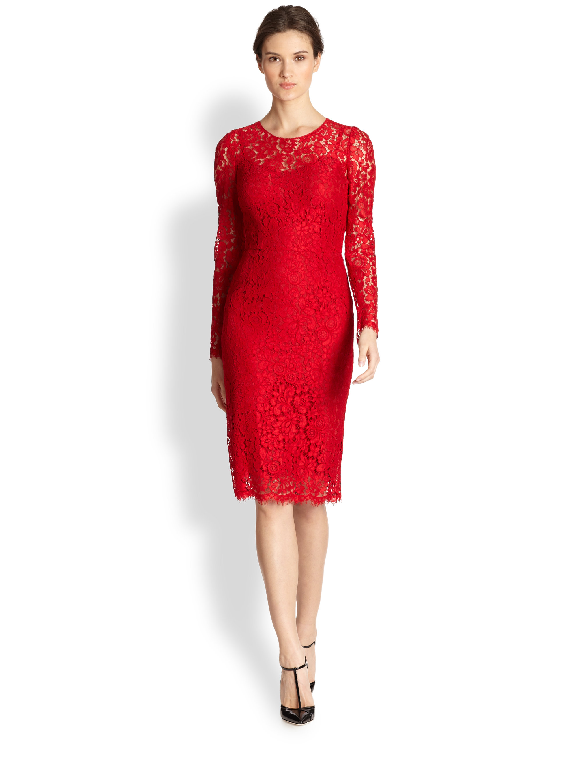 Lyst - Dolce & Gabbana Longsleeve Lace Dress in Red