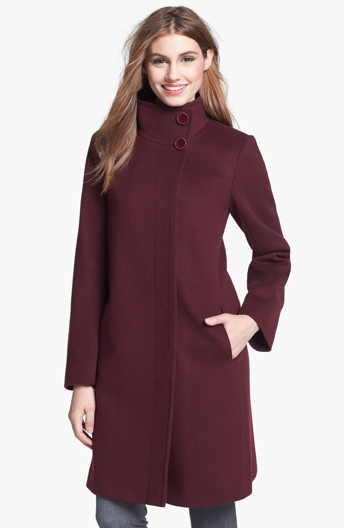 Fleurette Stand Collar Wool Coat in Red (Aubergine) | Lyst