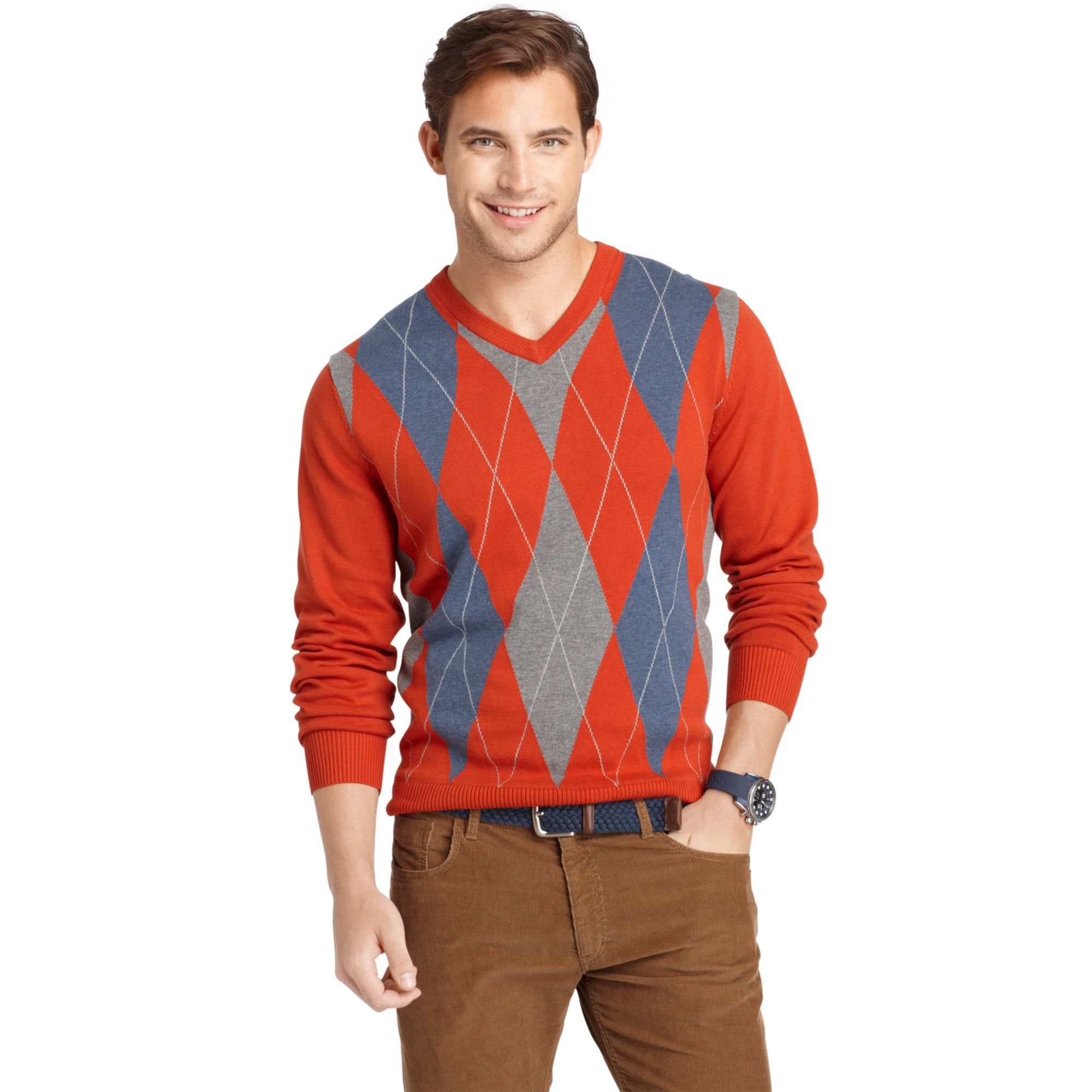 Izod Sweater Vneck Argyle Sweater in Multicolor for Men (Dark Orange ...