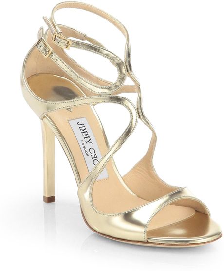 Jimmy Choo Lang Strappy Mirror Leather Sandals in Silver (GOLD) | Lyst