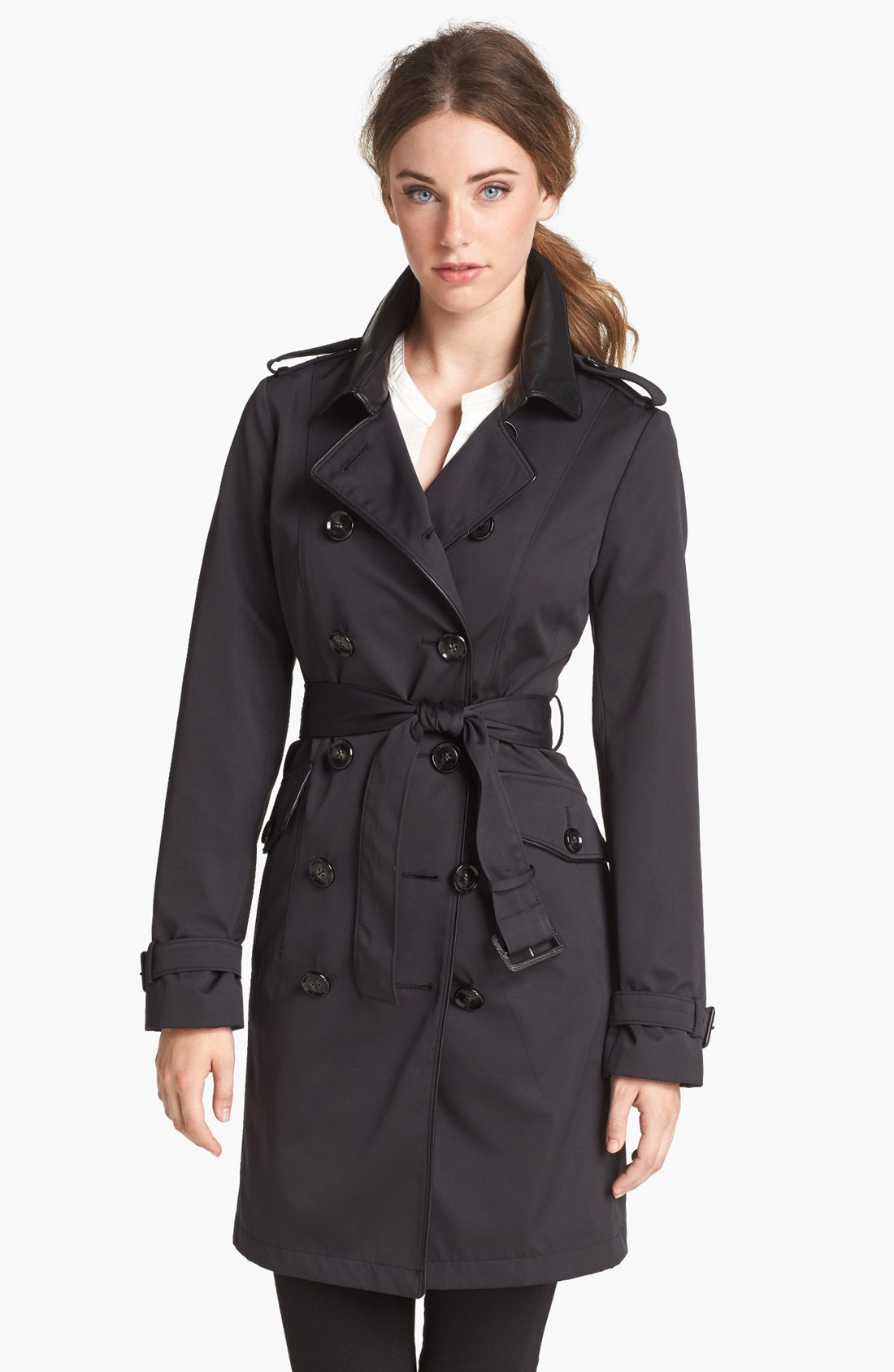 Michael Michael Kors Faux Leather Trim Trench Coat in Black | Lyst