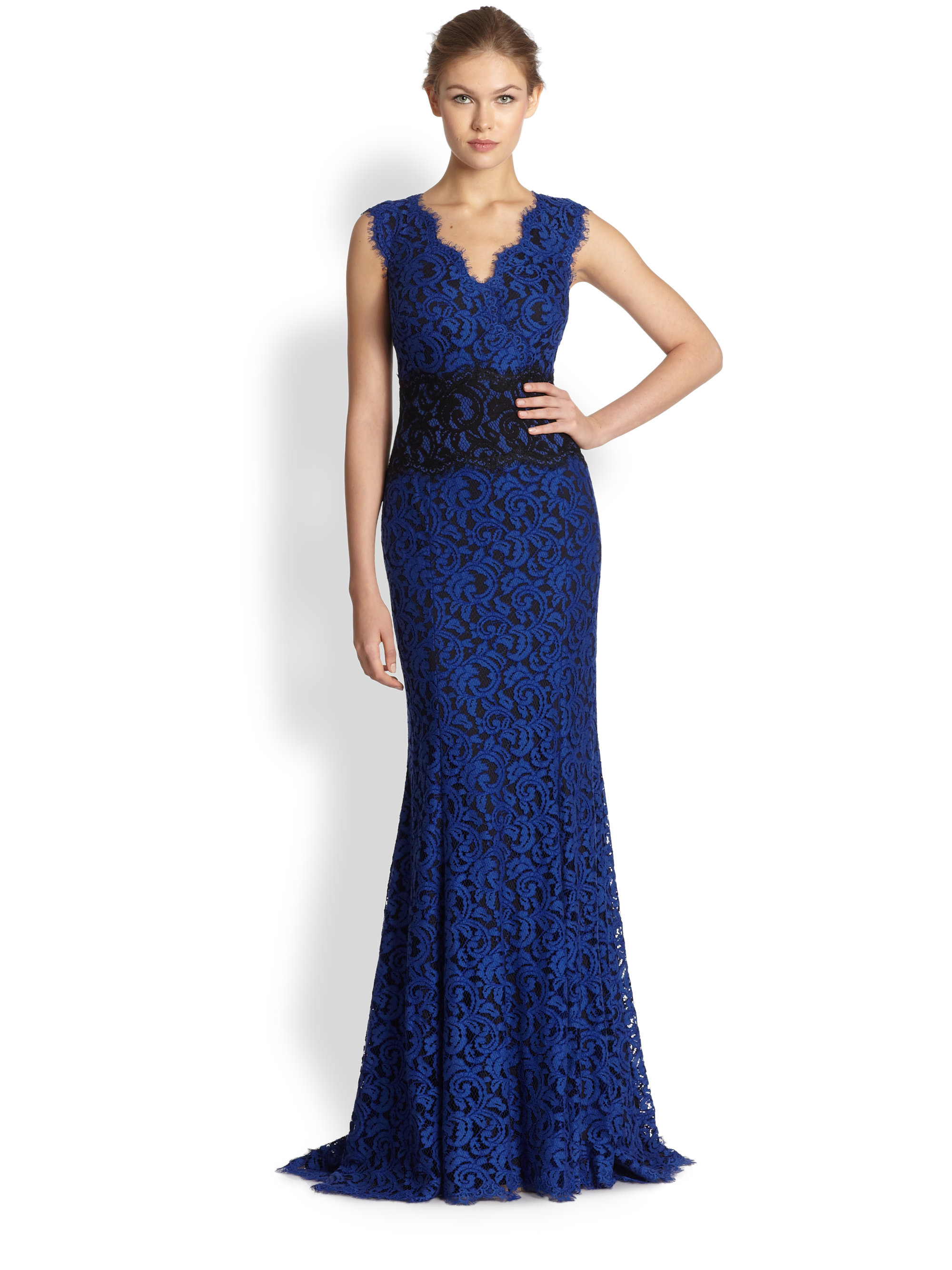 Tadashi Shoji Lace Contrast Waist Gown In Blue Lyst