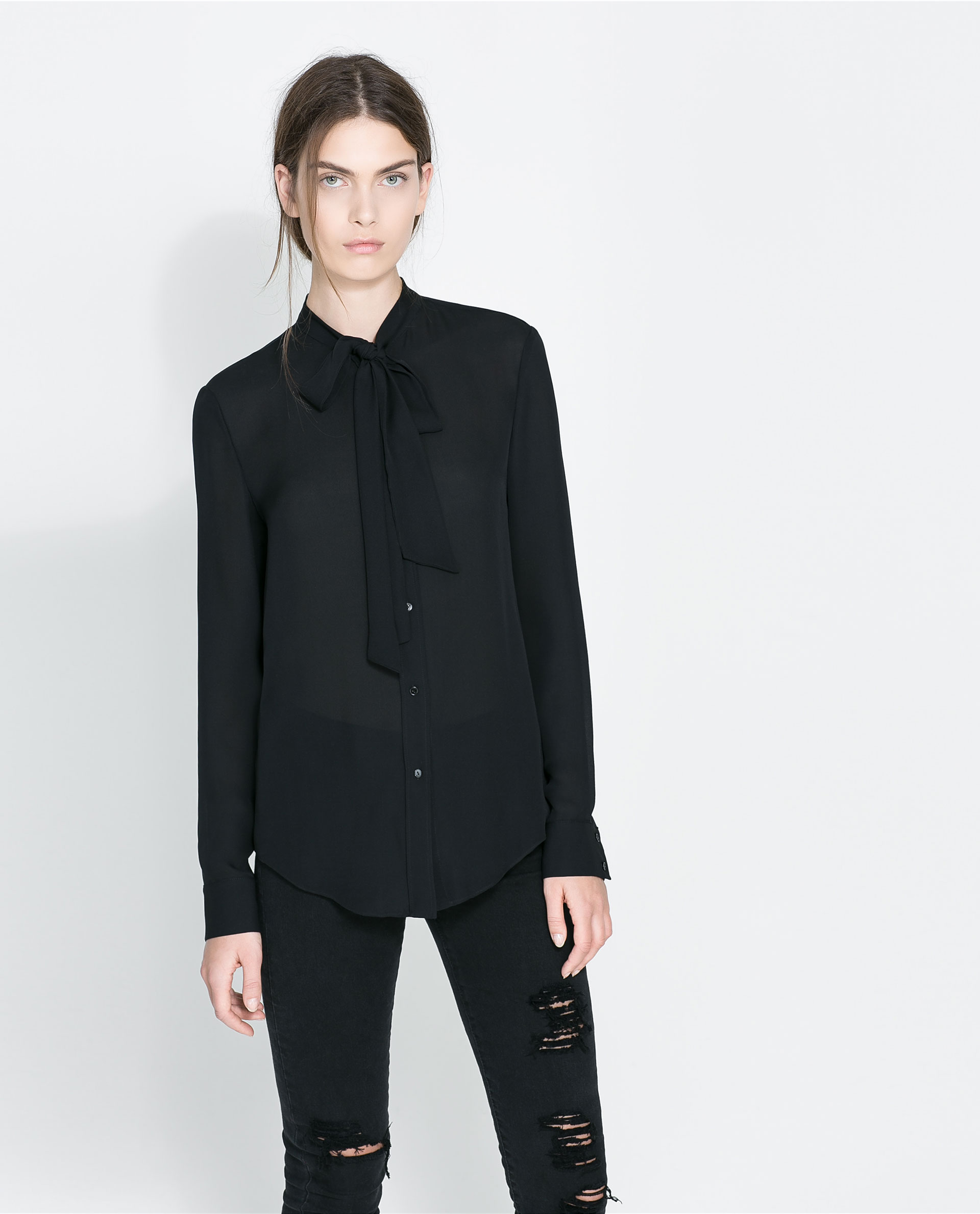 Zara Silk Blouse with Bow in Black | Lyst
