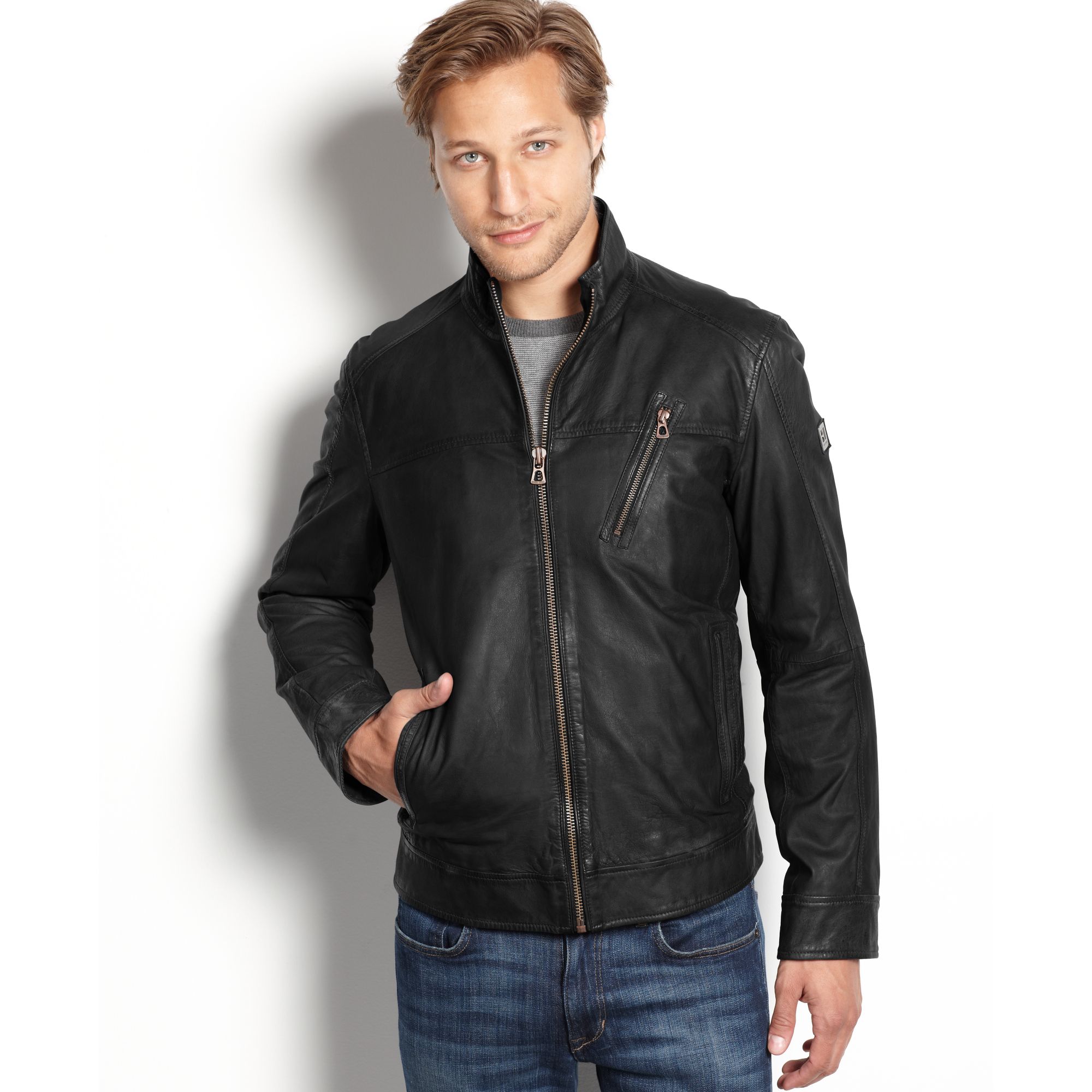 Hugo Boss Solid Jips Leather Jacket in Black for Men | Lyst