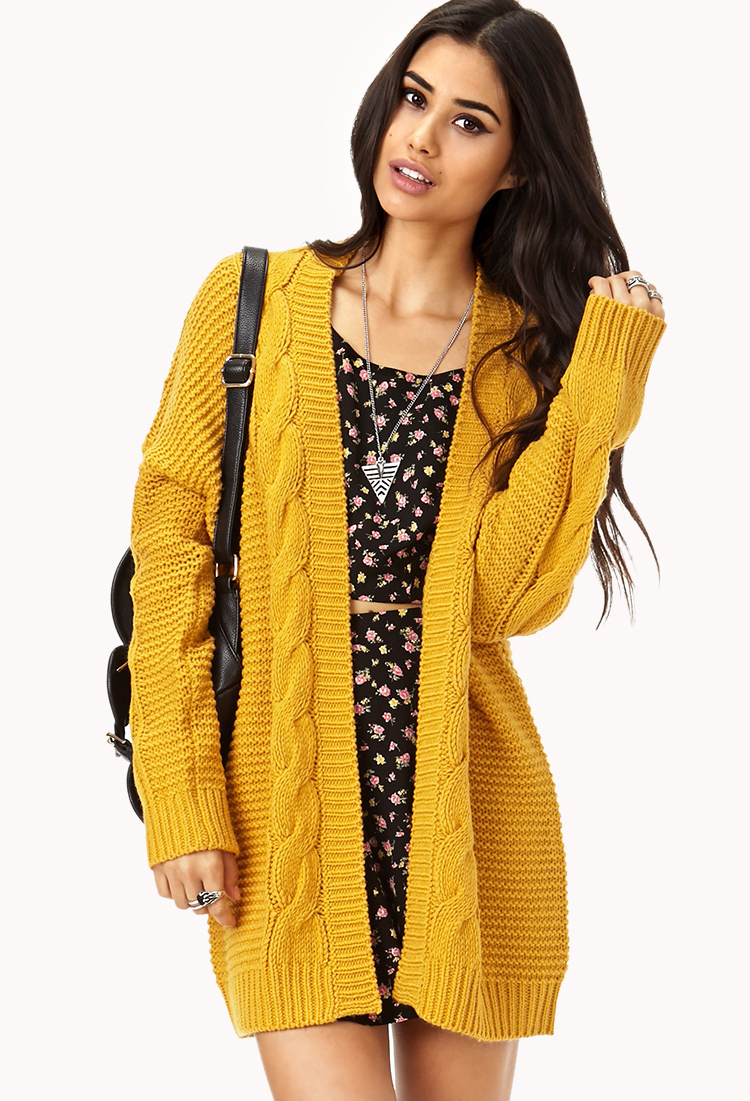 Lyst Forever 21 Longline Mixed Knit Cardigan  in Yellow