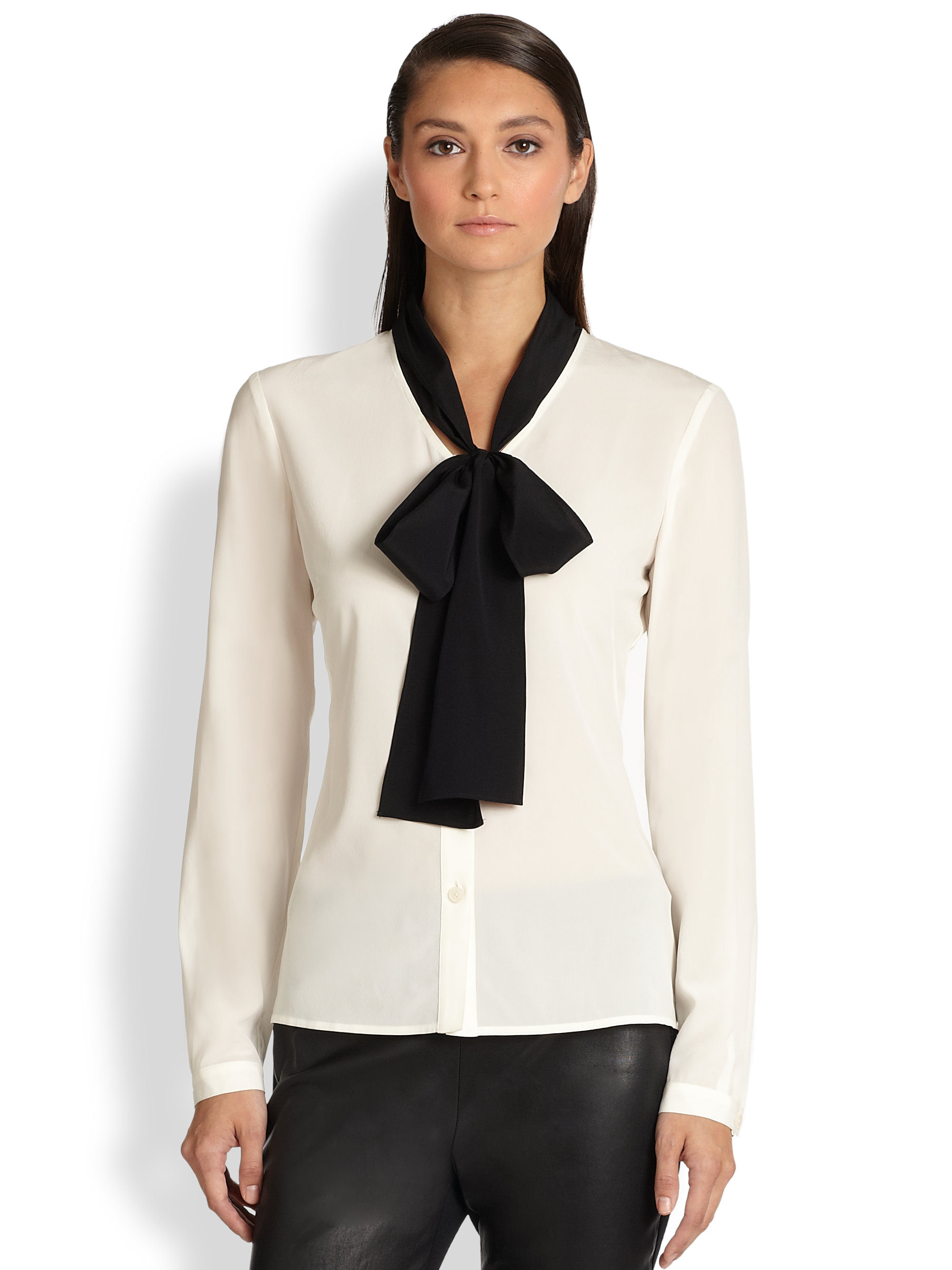 Lyst - St. John Silk Contrast Tie Blouse in Black