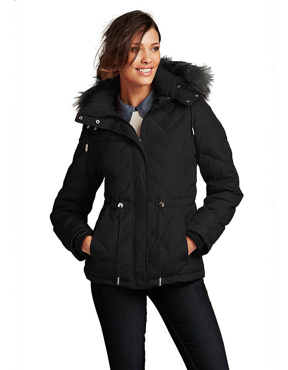 Kenneth cole Hooded Puffer Jacket with Faux Fur Trim in Black | Lyst