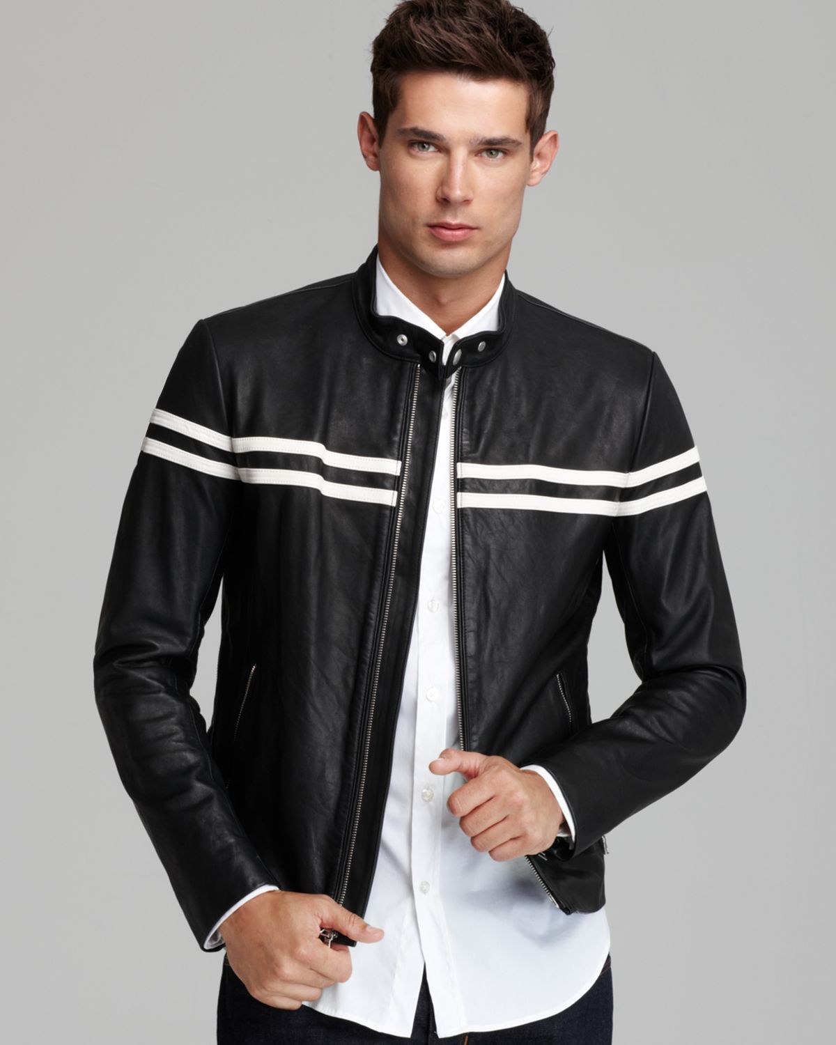 Lyst - Vince Contrast Stripe Moto Leather Jacket in Black for Men