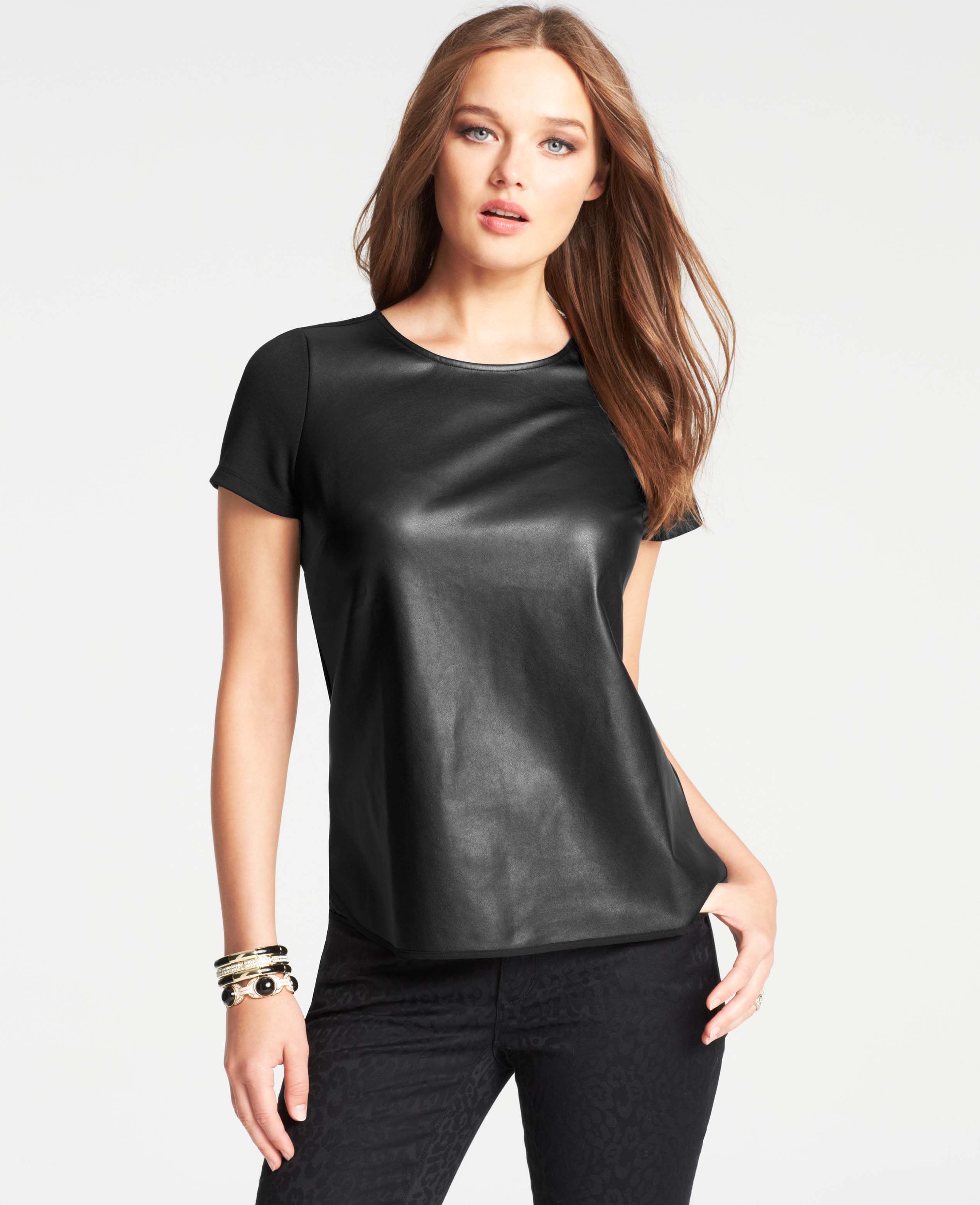 Ann taylor Faux Leather Front Top in Black Lyst