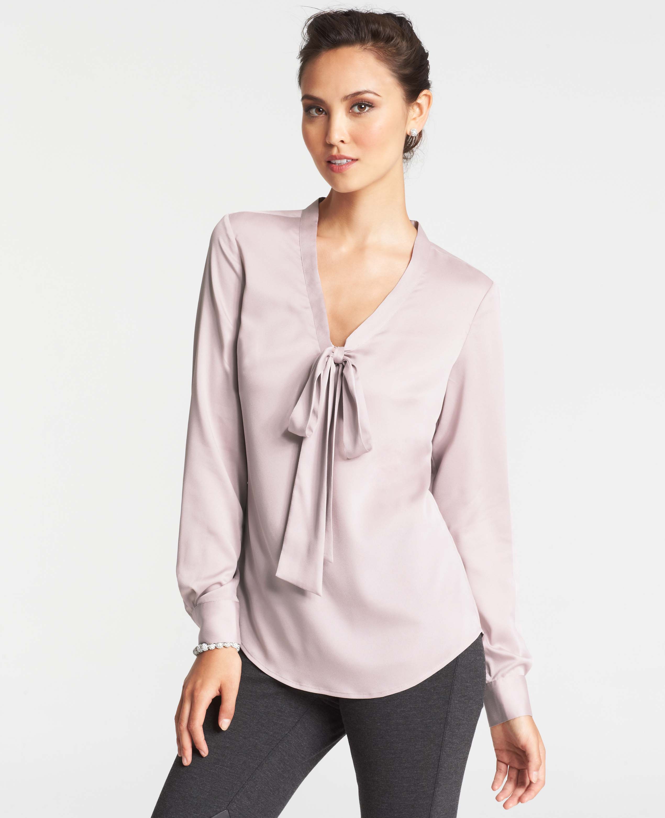 Ann taylor Tie Neck Crepe Blouse in Natural | Lyst