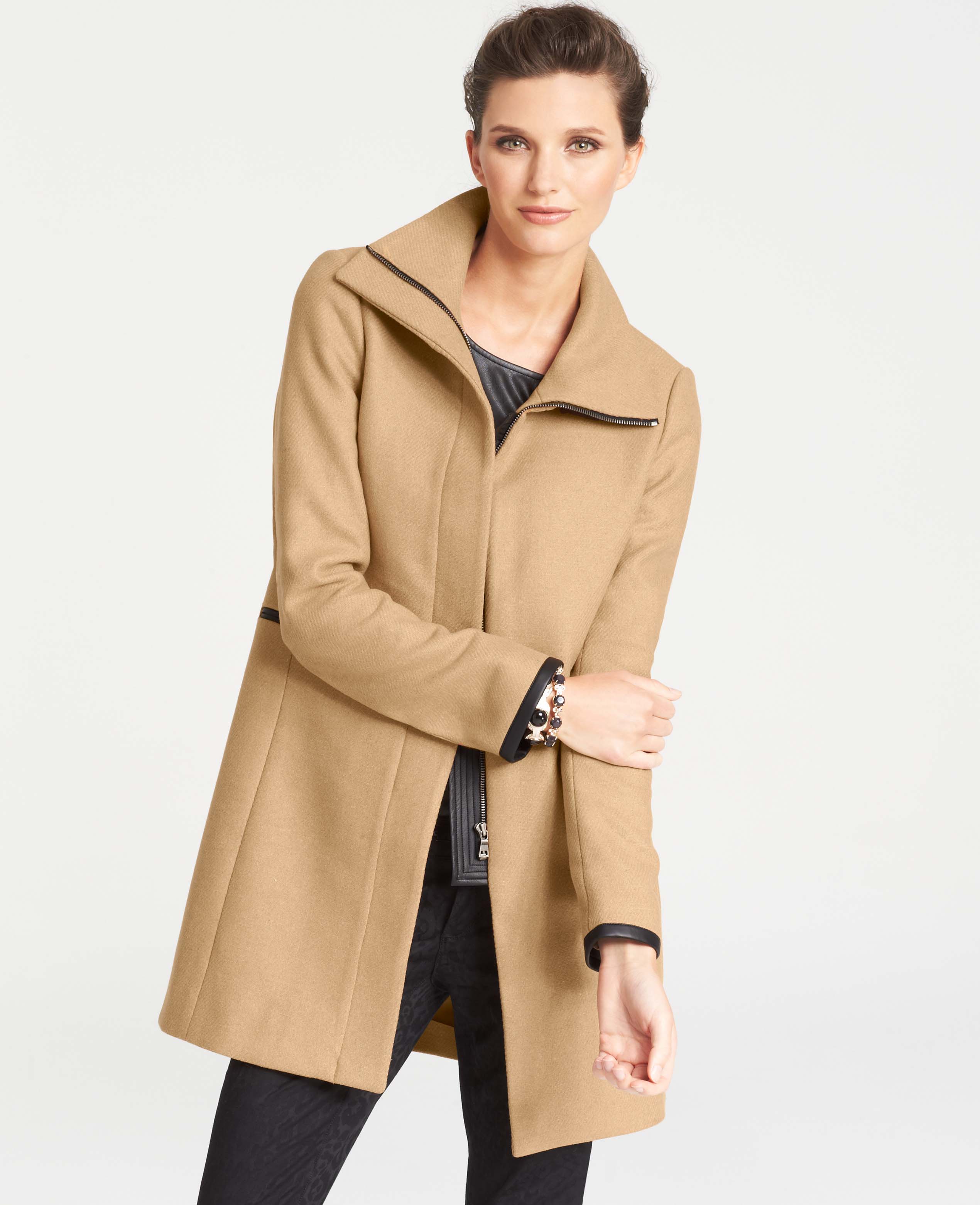 Ann taylor Tall Faux Leather Trim Wool Blend Coat in Natural | Lyst