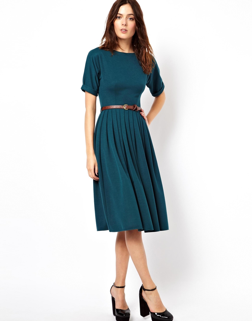 Asos Midi Dress with Full Skirt and Belt in Green | Lyst