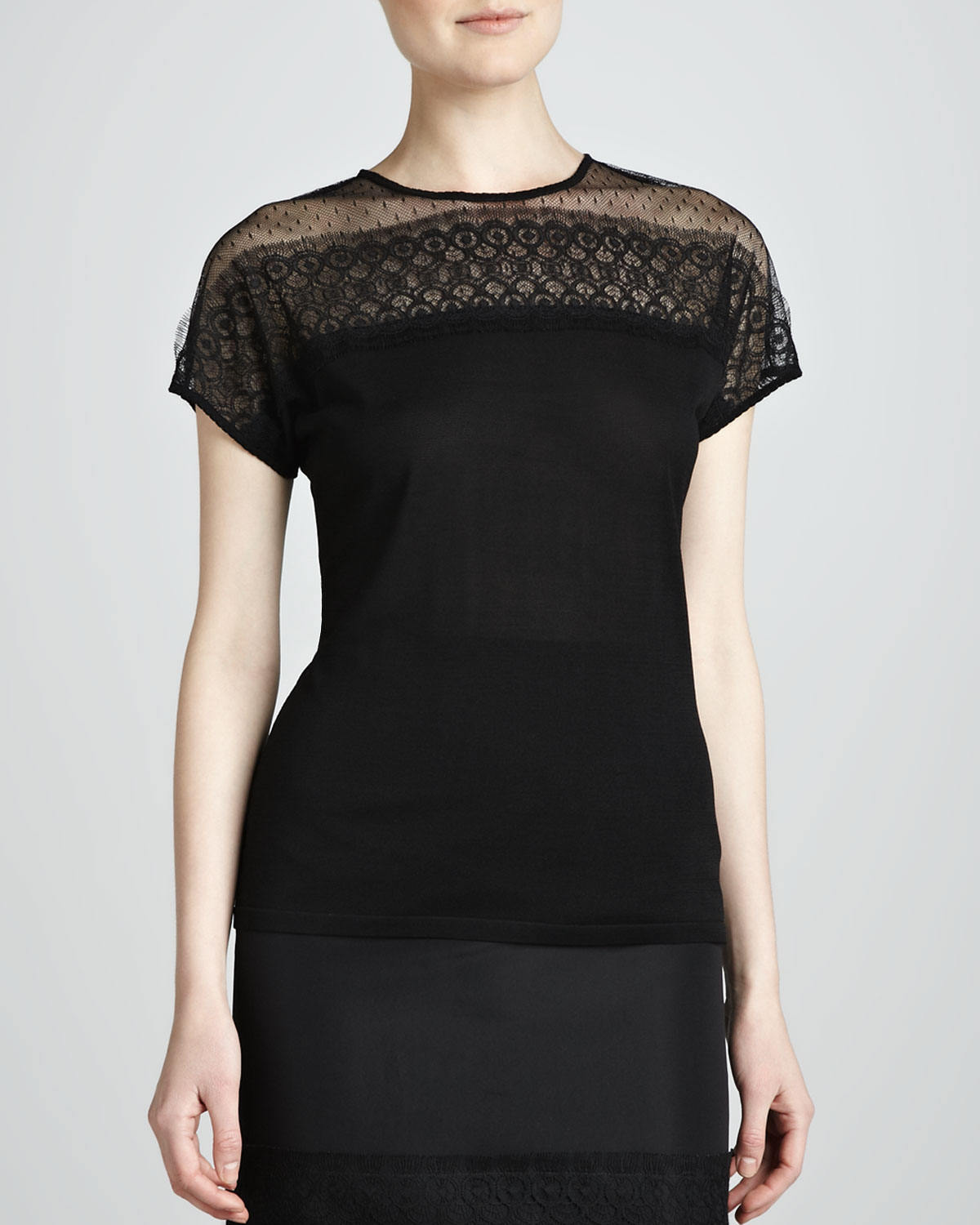 Carolina Herrera Knit Top with Lace Accent in Black | Lyst