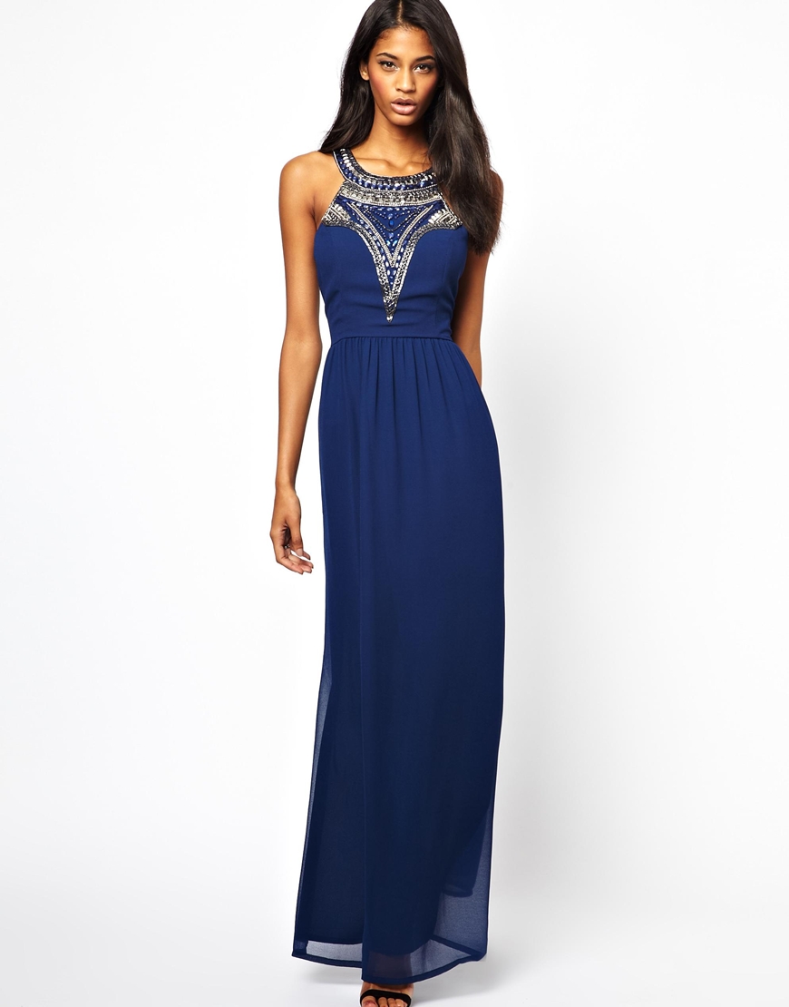 Lyst - Lipsy Maxi Dress with Beaded Neck in Blue