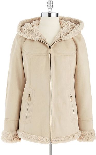 Jones New York Hooded Faux Fur Jacket in Beige (ivory) | Lyst