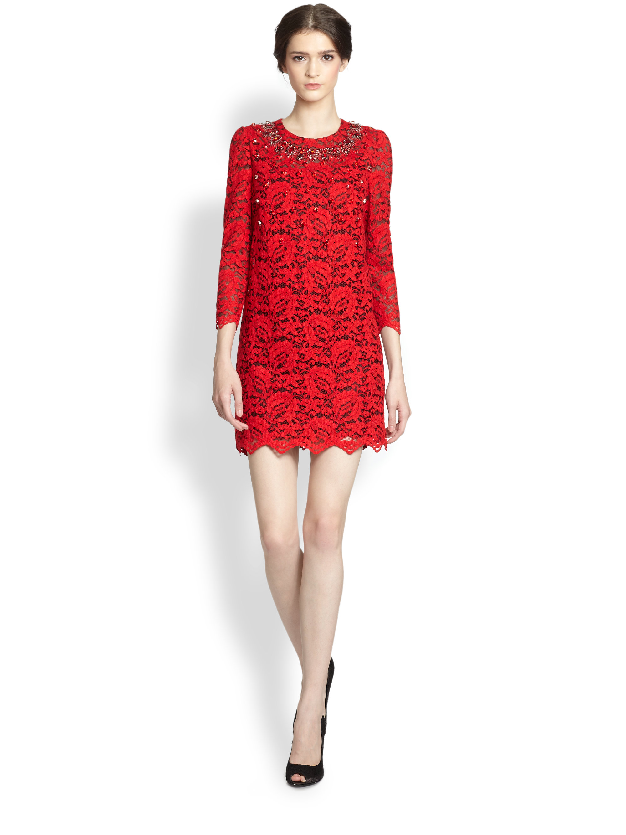 Lyst Dolce And Gabbana Embellished Lace Dress In Red 