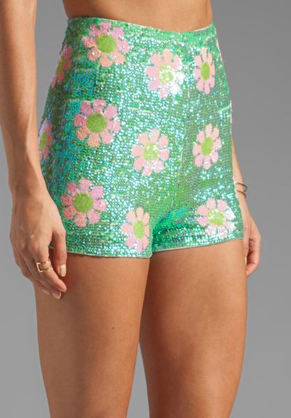 Wildfox White Label Psychedelic Daisies Sequin Shorts in Green in Green ...