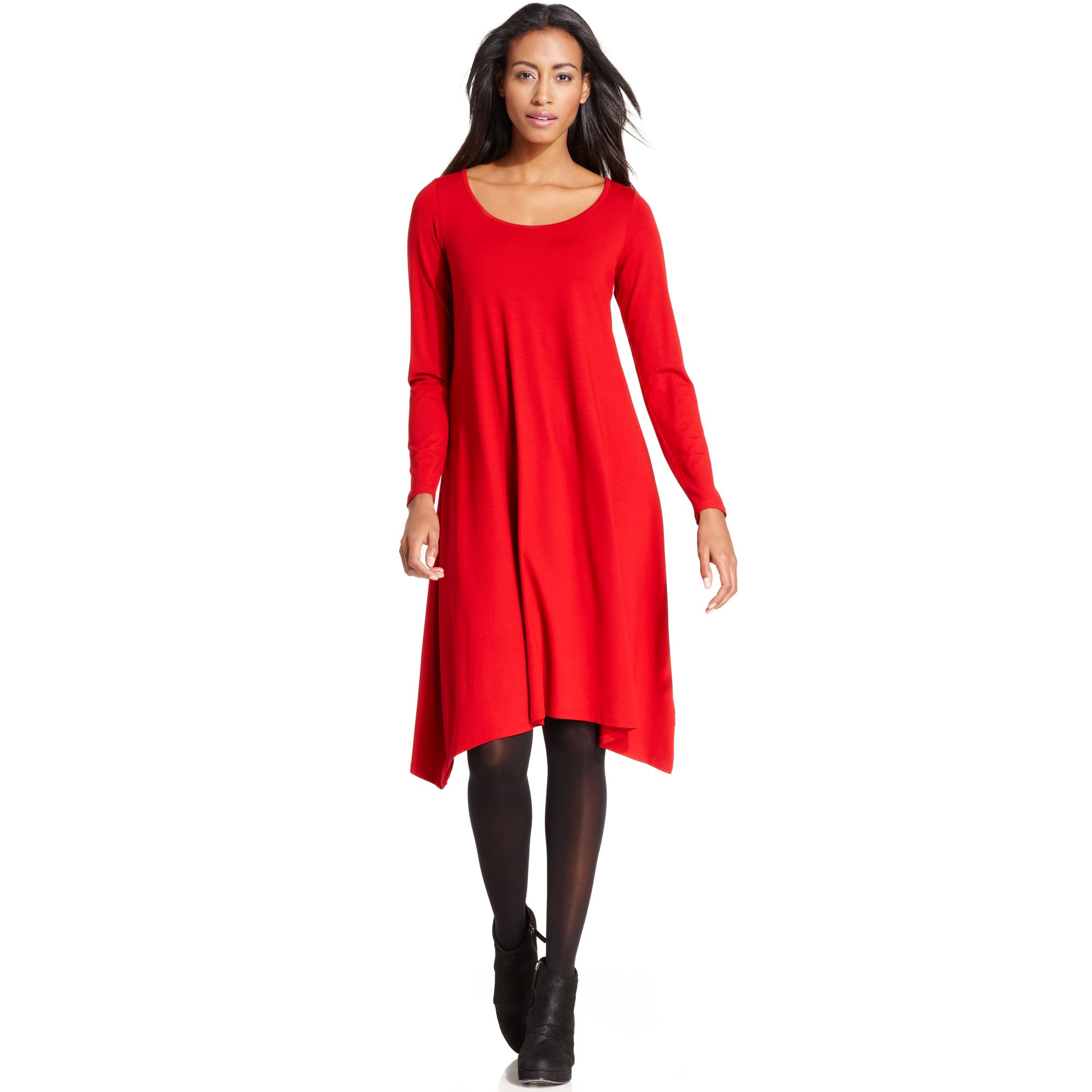 Lyst - Eileen Fisher Long Sleeve Asymmetrical Hem Dress in Red